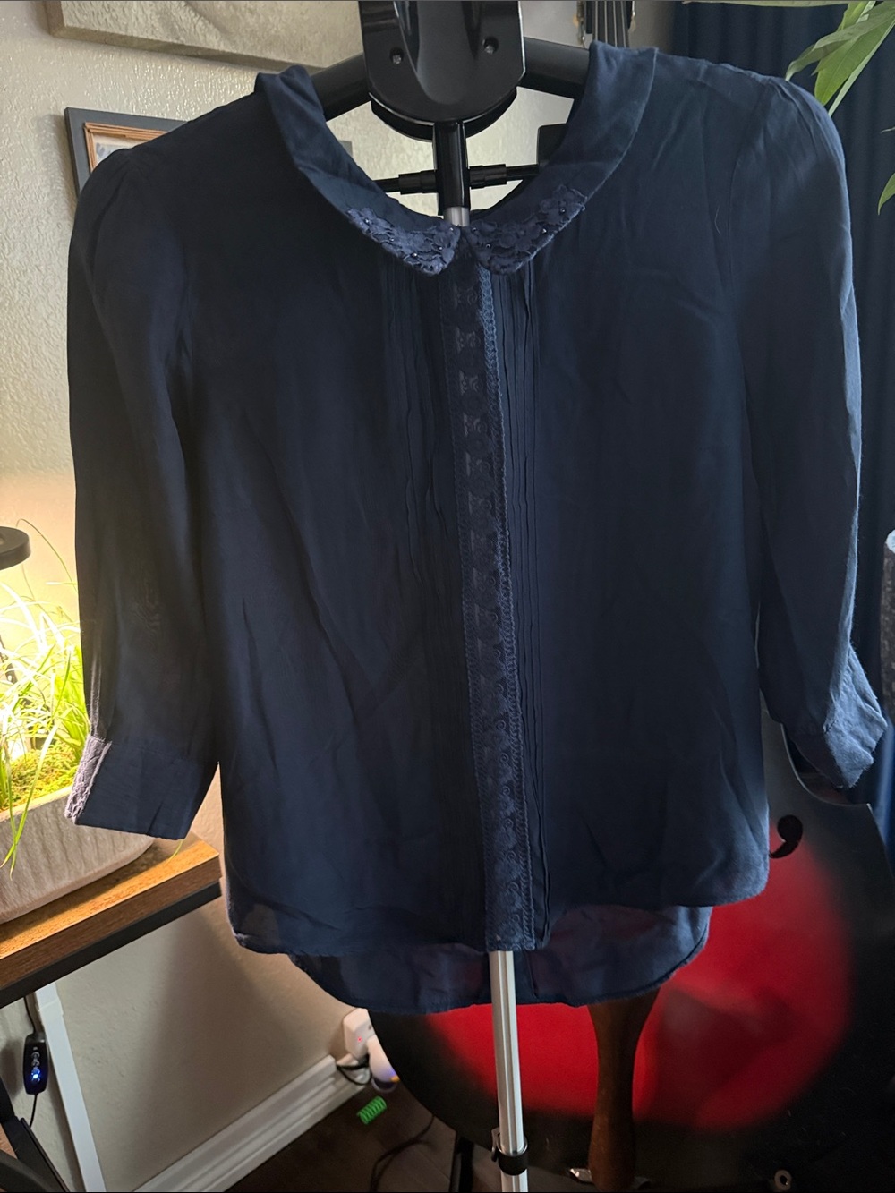 Free People Dark Navy Lace-Trim Button Front Blouse